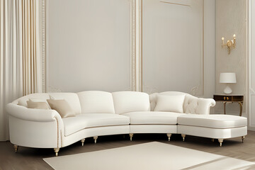 Cream interior design, a cream, neutral colour palette, decadence, luxury lounge room, a white velvet, buttoned chaise lounger, a large corner sofa. Minimalism living room design