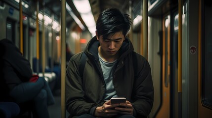 Young man using mobile phone in subway train