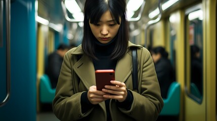 Woman using mobile phone in subway train