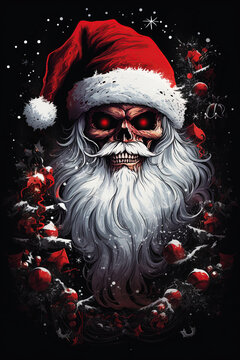 Evil Santa Claus monster skeleton. Poster, T shirt design. Generative Ai