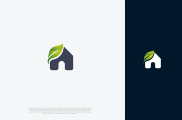 Modern house logo design with leaf eco nature template icon sign.  . Usable for Real Estate, Construction, Architecture and Building Logos. Vector Logo Design Template