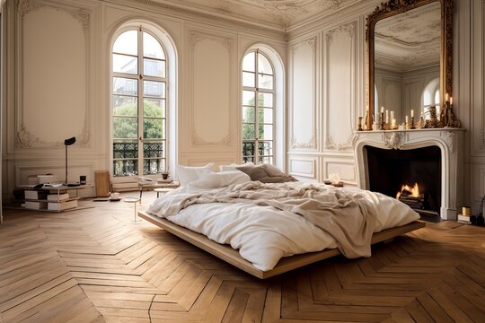 Cozy posh luxurious interior design of bedroom with kingsize bed, wooden classic parquet floor, tall ceiling, french windows, fireplace, white panel walls, parisian look, off-white textiles