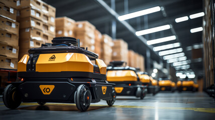 Automated Robot Carriers And Robotic Arm In Smart Distribution Warehouse.