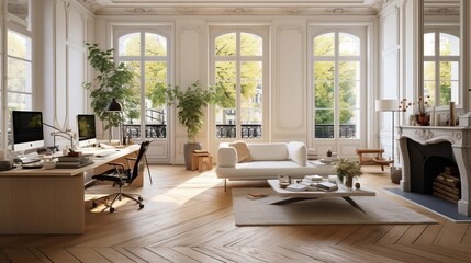 Cozy posh luxurious but modern interior design of a home office workspace with wooden classic parquet floor, tall ceiling and french windows, white panel walls, parisian look