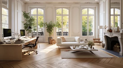 Foto op Plexiglas Cozy posh luxurious but modern interior design of a home office workspace with wooden classic parquet floor, tall ceiling and french windows, white panel walls, parisian look © Romana