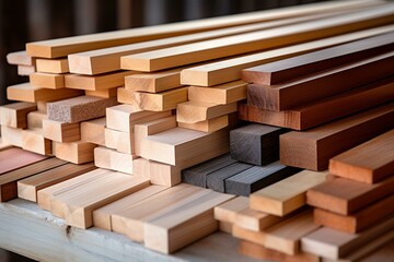Variety of wood lumber sizes in Bangkok, Thailand for floors, cornices, construction, and furniture. Generative AI