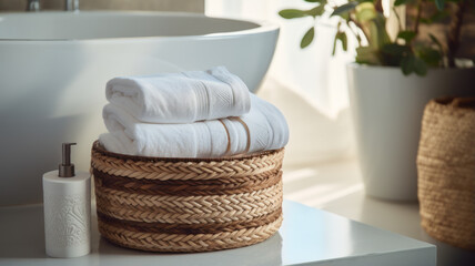 Basket with paper rolls on ceramic toilet bowl in modern bathroom.