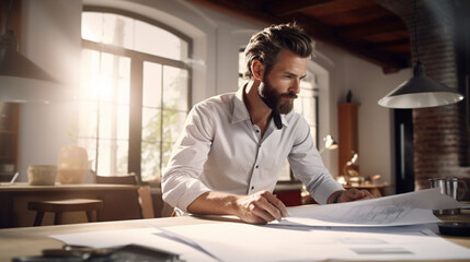 Focused Male Engineer Wearing Shirt Working with Technical Drawings on Desk in Office