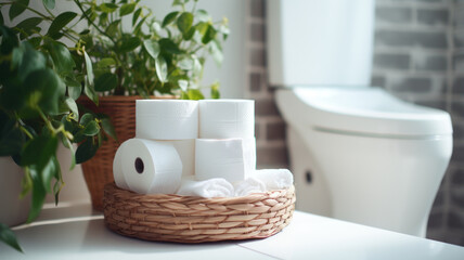 Fototapeta na wymiar Basket with paper rolls on ceramic toilet bowl in modern bathroom.