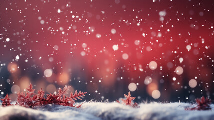Fototapeta na wymiar Christmas background,Snowflake on snow with blurry bokeh light on red background,Horizontal Xmas christmas poster, greeting cards, headers, website,Generative ai