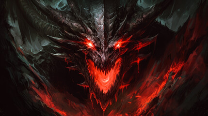 A dragon of darkness emerging from shadows, with piercing red eyes and an aura of malevolence.