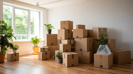 photograph of Boxes in new apartment. telephoto lens daylight white