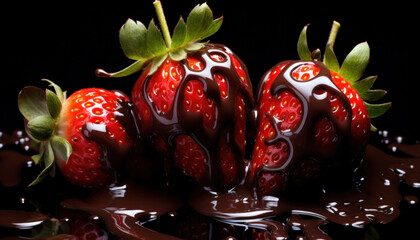 Delicious, Fresh, and Ripe Strawberries Drenched in Hot Liquid Chocolate as a Sweet Delight - Generative Ai