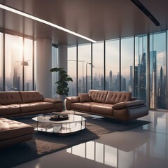 Modern decor living room with skyscraper views 