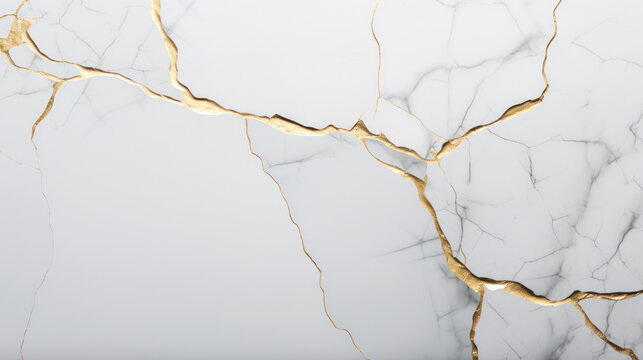 Kintsugi Craftsmanship in Marble: Exquisite Details of White and Grey Marble Adorned with Intricate Golden Veins, Showcasing Japanese Artistry and Elegance