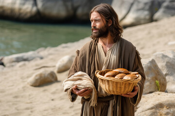 Jesus Christ in robe holding a basket with bread and fish, holy biblical scene