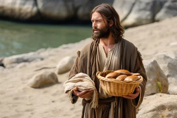 Fotobehang Jesus Christ in robe holding a basket with bread and fish, holy biblical scene © Nick