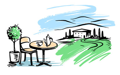 villa in Tuscany, Italy, Europe. Table with tea drawing