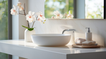 Modern countertop in bathroom, Interior of light bathroom with sink bowl bathroom accessories.Generative AI.
