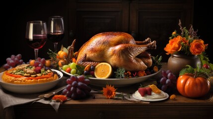 Delicious roasted thanksgiving day turkey on table, Christmas or Thanksgiving turkey background.