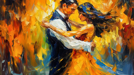 Passionate and romantic dance of a man and a woman. Oil painting. Wide relief brush strokes. A bright palette of fiery colors. - obrazy, fototapety, plakaty