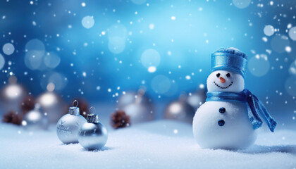Fototapeta premium Winter Wonderland with Snowman and Christmas Baubles - Festive Holiday Charm - Generative AI