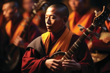 Tibetan Buddhist monks playing music 
