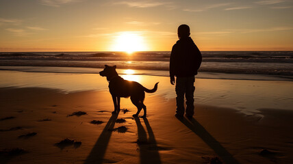 Silhouette of boy and dog playing on the beach at sunrise.generative ai