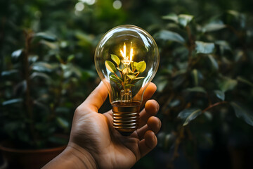 Hand holding lightbulb against nature with green background. Energy sources for renewable solar energy in nature.