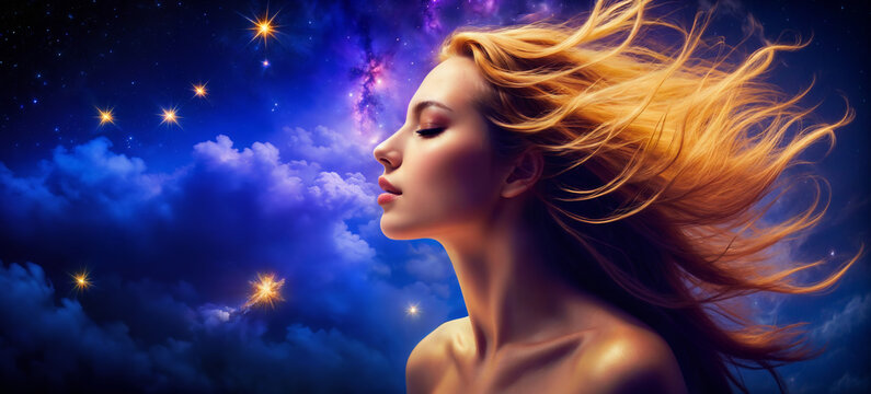Cosmic Dreams: A Beautiful Woman with Long Flowing Hair Soaring Through the Night Sky.