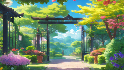 Anime Japan-Style Garden - Beautiful Illustration of Green Forest and Nature Environment