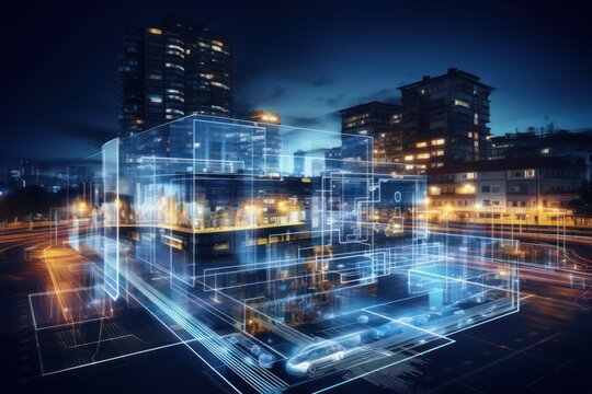 A cityscape with digital overlays enhancing various aspects of daily life, illustrating innovation and technology integration