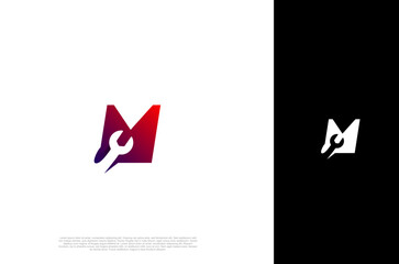 Initial letter M and wrench design icon letter for business Repair, service and Automotive industry. Vector logo design concept template