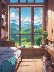 Anime-Style Cozy Bedroom with Mountain View - Modern and Comfortable Interior Illustration
