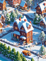 Festive Isometric Holiday Village - Christmas Winter Hometown Illustration - obrazy, fototapety, plakaty