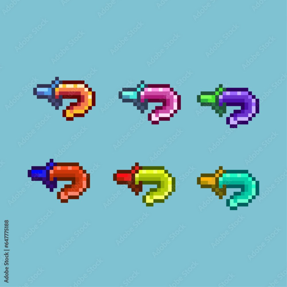Poster pixel art sets of dagger weapons with variation color items asset. simple bits of dagger on pixelate