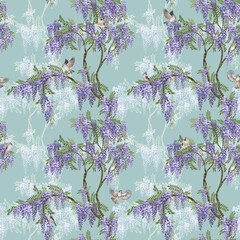 Wisteria seamless pattern. Watercolor violet wisteria flowers. Dusty blue floral background. Chinoiserie seamless pattern with bird - 647775303