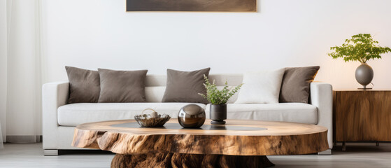 edge tree stump accent coffee table with big couch in room, Minimalist home interior design.generative ai