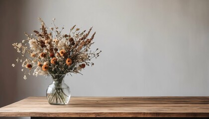 Dried flower decor in modern interior - wooden table with vase near empty wall, home background with copy space