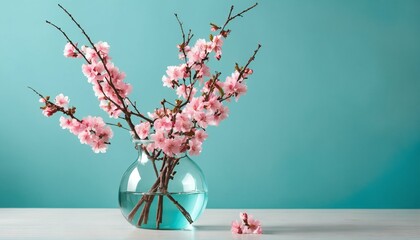 Home interior with pink blossoms - glass vase on glass table near blank turquoise wall, modern living room with copy space