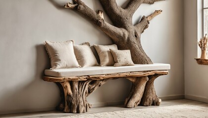 Boho living room design - rustic aged wood tree trunk bench with pillows, dried twig decor on stucco wall, window in modern farmhouse