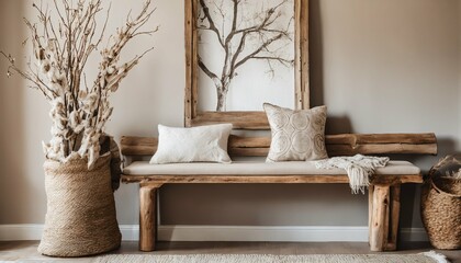 Fototapeta na wymiar Farmhouse interior with rustic accents - tree trunk bench with pillows near stucco wall with twig decor, boho style living room with window