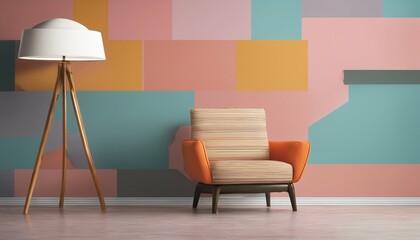 Bright armchair decor with abstract minimal pastel multi-color vibrant groovy retro striped background wall frame