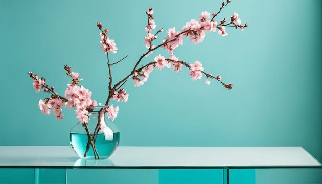 Home interior with pink blossoms - glass vase on glass table near blank turquoise wall, modern living room with copy space