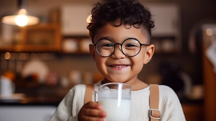 Asian little boy cute kid holding a cup of milk, feel happy enjoy drinking milk in kitchen.generative ai