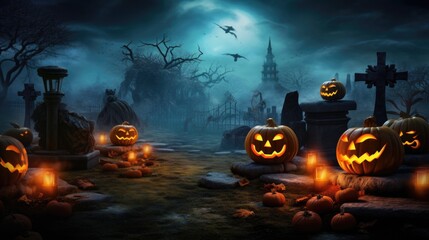 Fototapeta premium Halloween background with Pumpkins lantern in graveyard the spooky night.