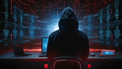 Black hoodie hacker with network of glowing data and intricate code - cybersecurity