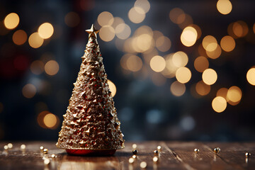 Creative gold christmas tree with balls and glitter on blurred, sparkling lights background....