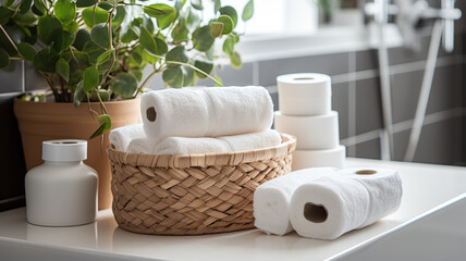 Fototapeta na wymiar Basket with paper rolls on ceramic toilet bowl in modern bathroom.generative ai
