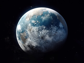 Terrestrial planet with blue water and frozen continents covered in ice. View from space, on dark sky background.